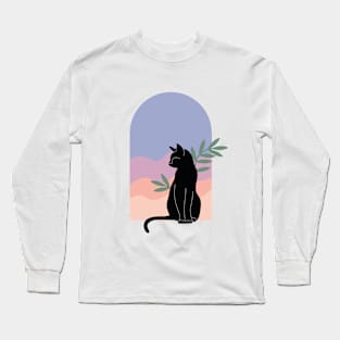 Вoho minimalist black cat with plants and sunset Long Sleeve T-Shirt